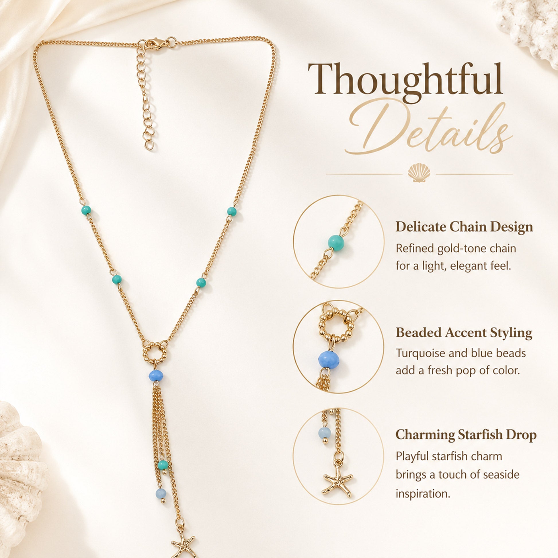 Detailed view of multi-chain tassel and starfish charm necklace