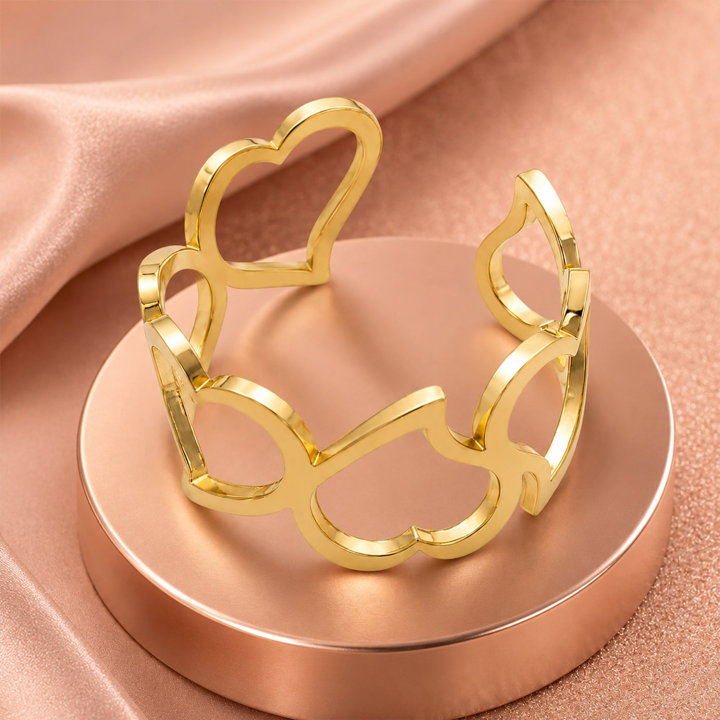 Interlinked Heart Cutwork Hinged Cuff Bracelet
