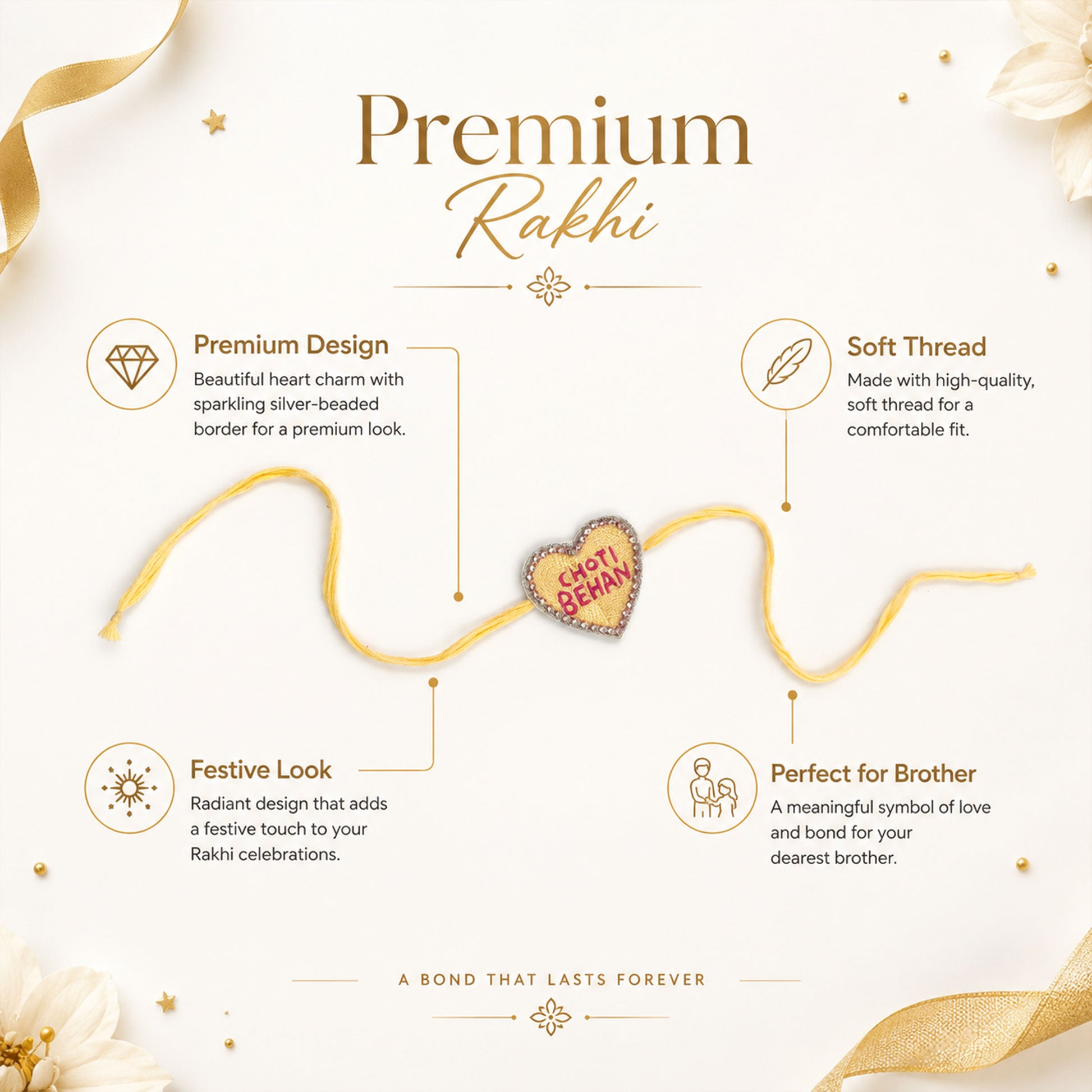 Close-up view of Choti Behan rakhi with decorative detailing