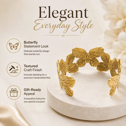 Brass Textured Butterfly Open Cuff Statement Bracelet