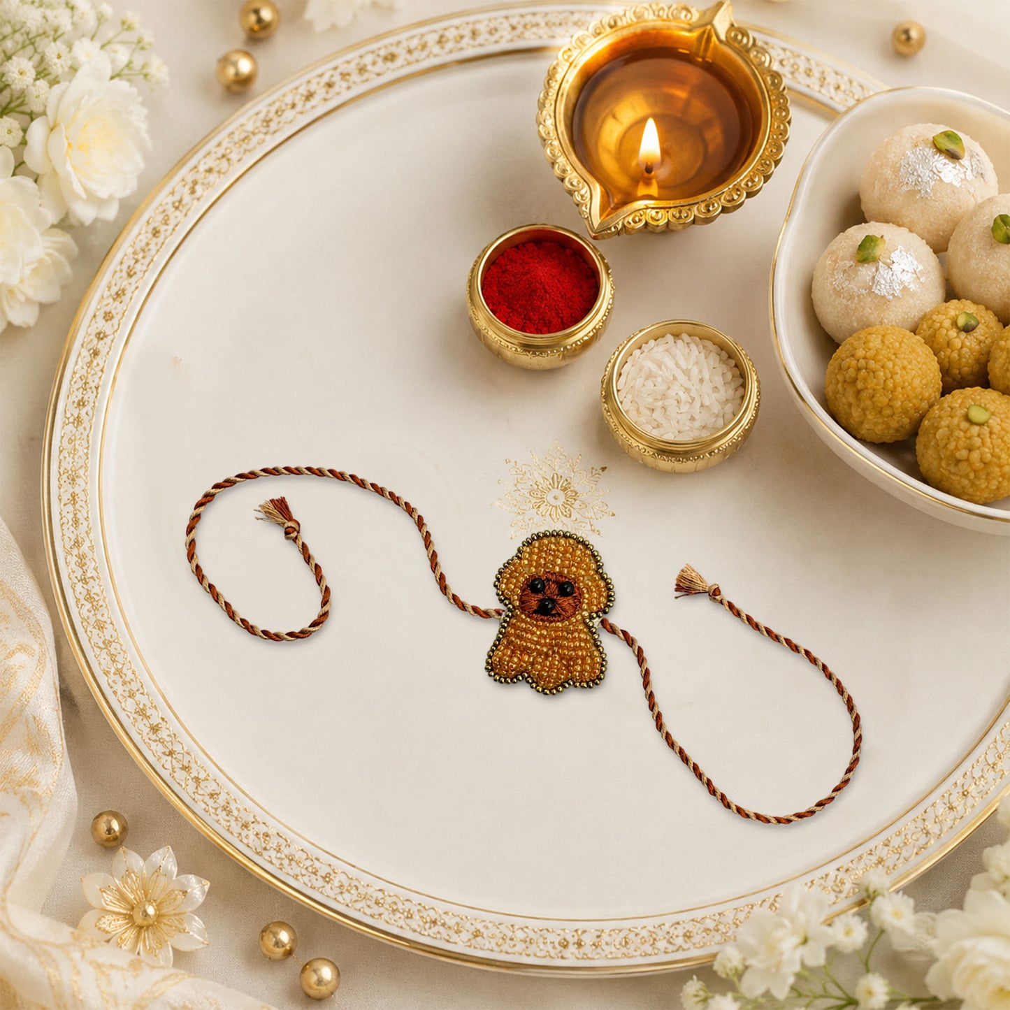 Detailed view of handcrafted orange beaded designer rakhi