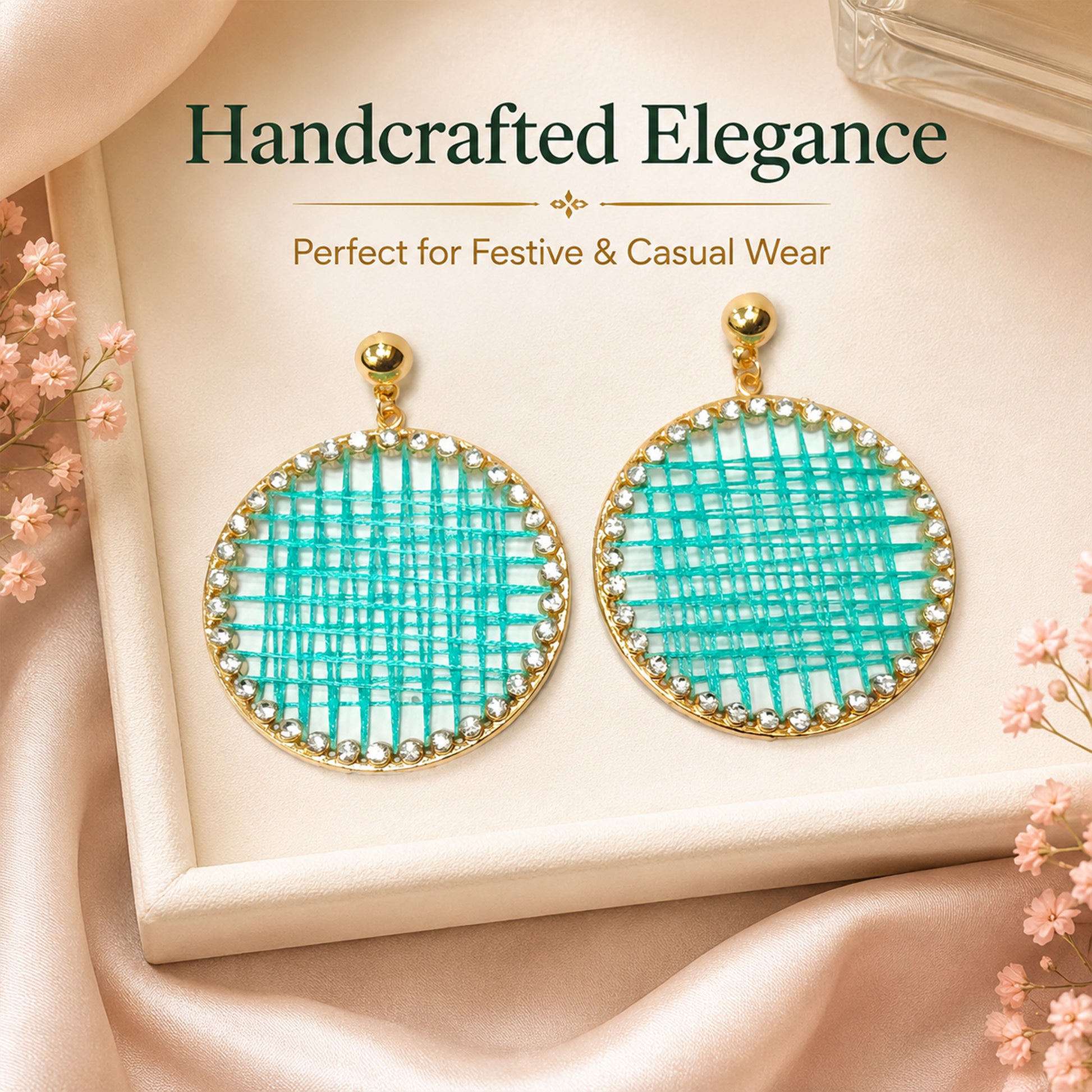 Detailed view of round drop earrings with sparkling stone border