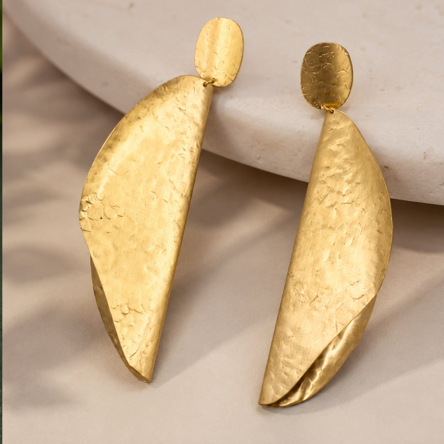 Brass Sculpted Folded Leaf Long Drop Earrings