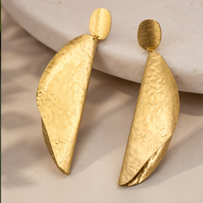 Brass Sculpted Folded Leaf Long Drop Earrings