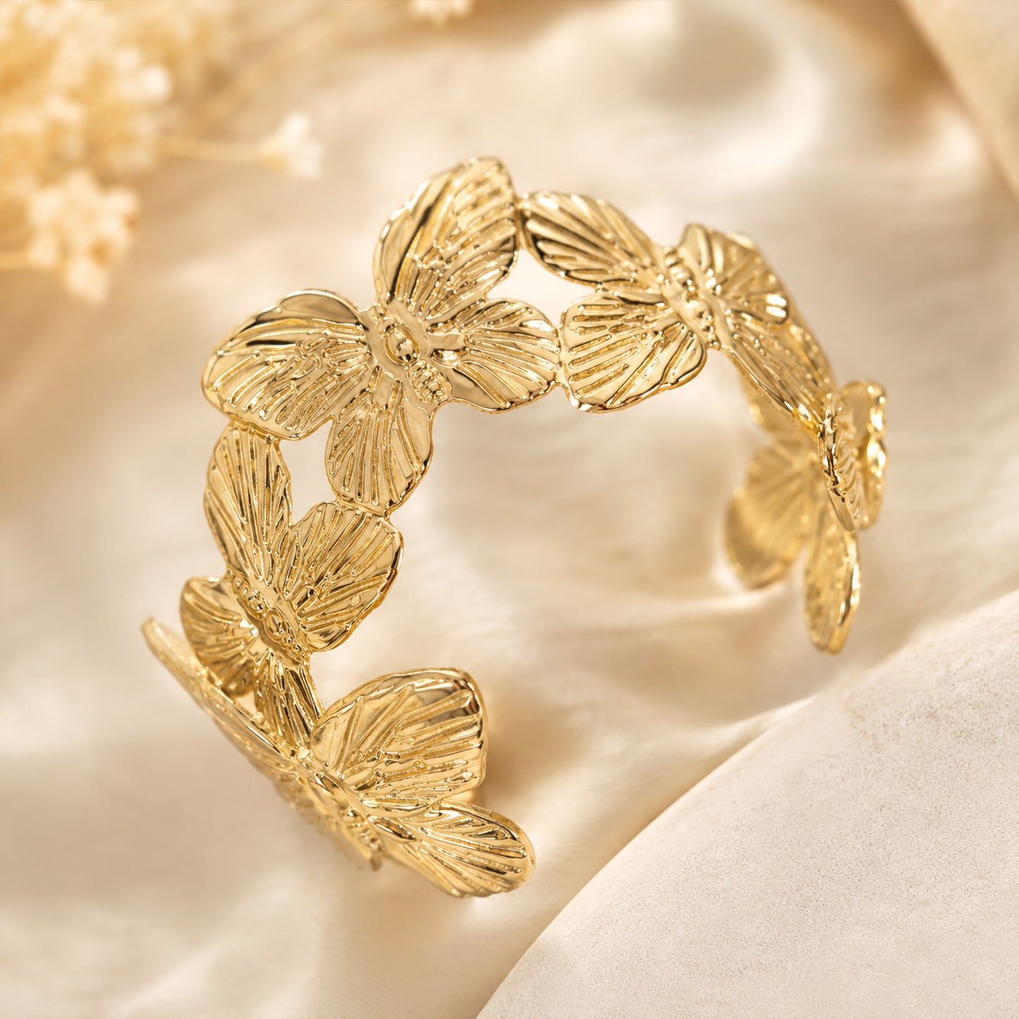 Brass Textured Butterfly Open Cuff Statement Bracelet