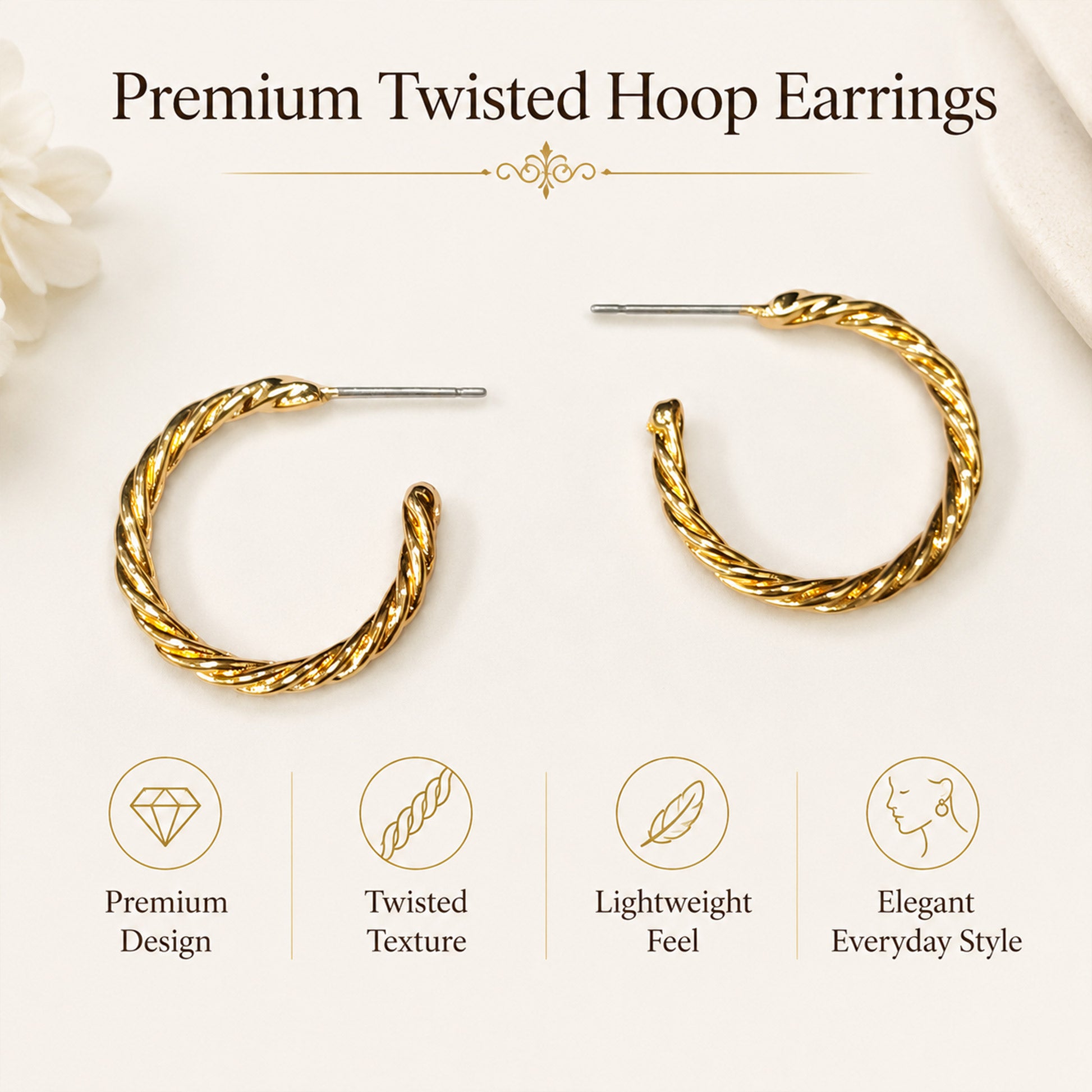 Gold textured hoops styled as modern fashion jewellery for women