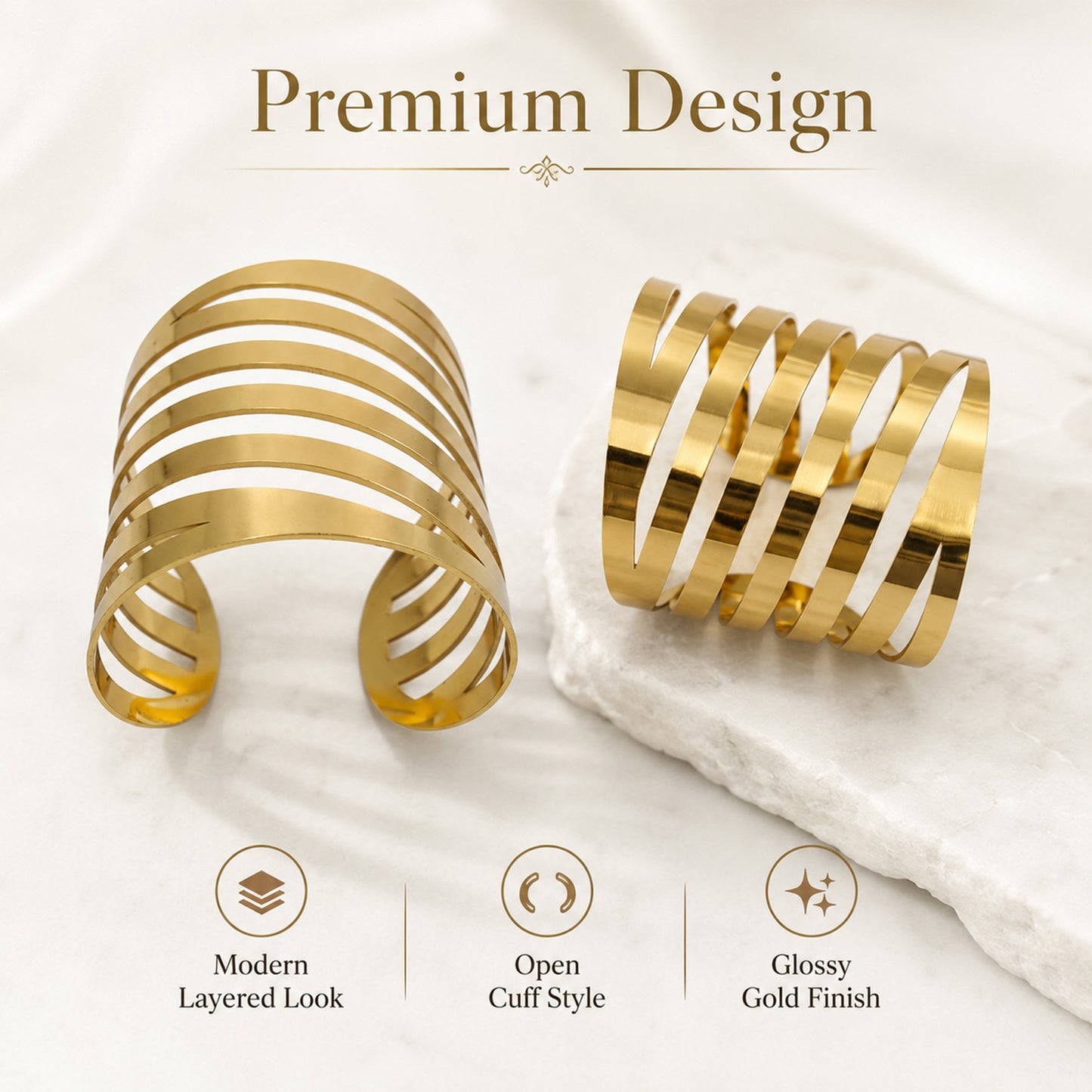 Layered Wave Multi Band Wide Open Cuff Bracelet