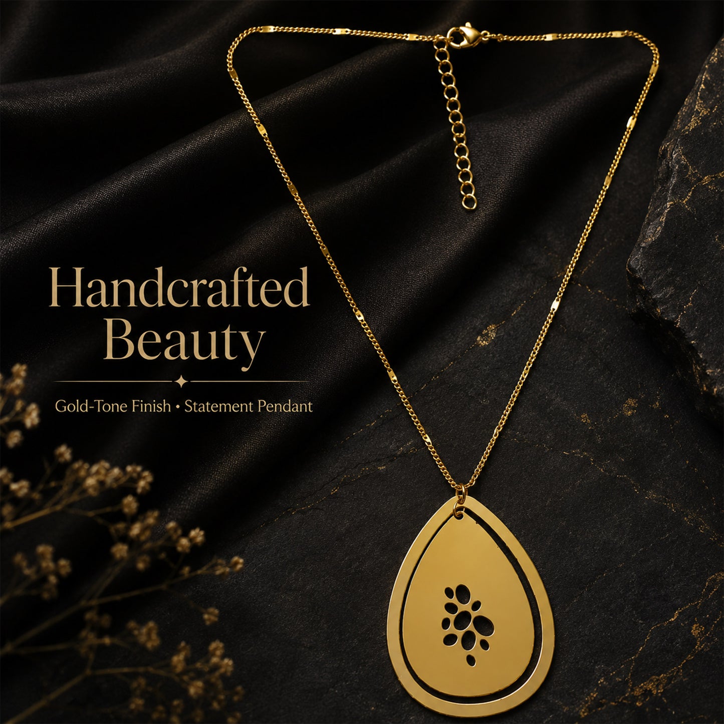 Gold statement necklace styled as modern fashion jewellery