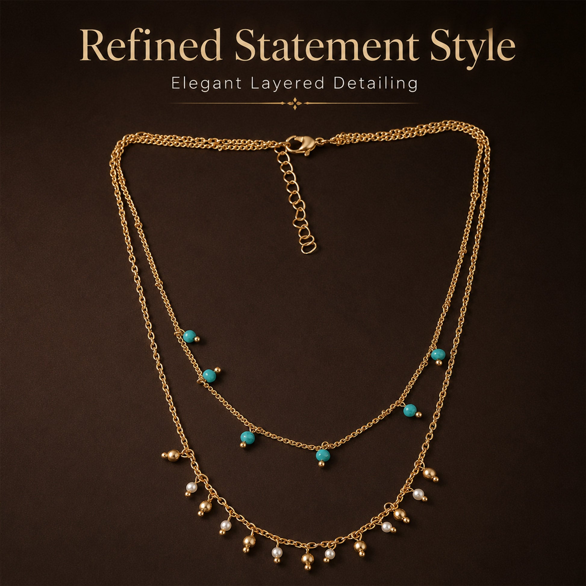 Detailed view of turquoise pearl and gold ball charm necklace