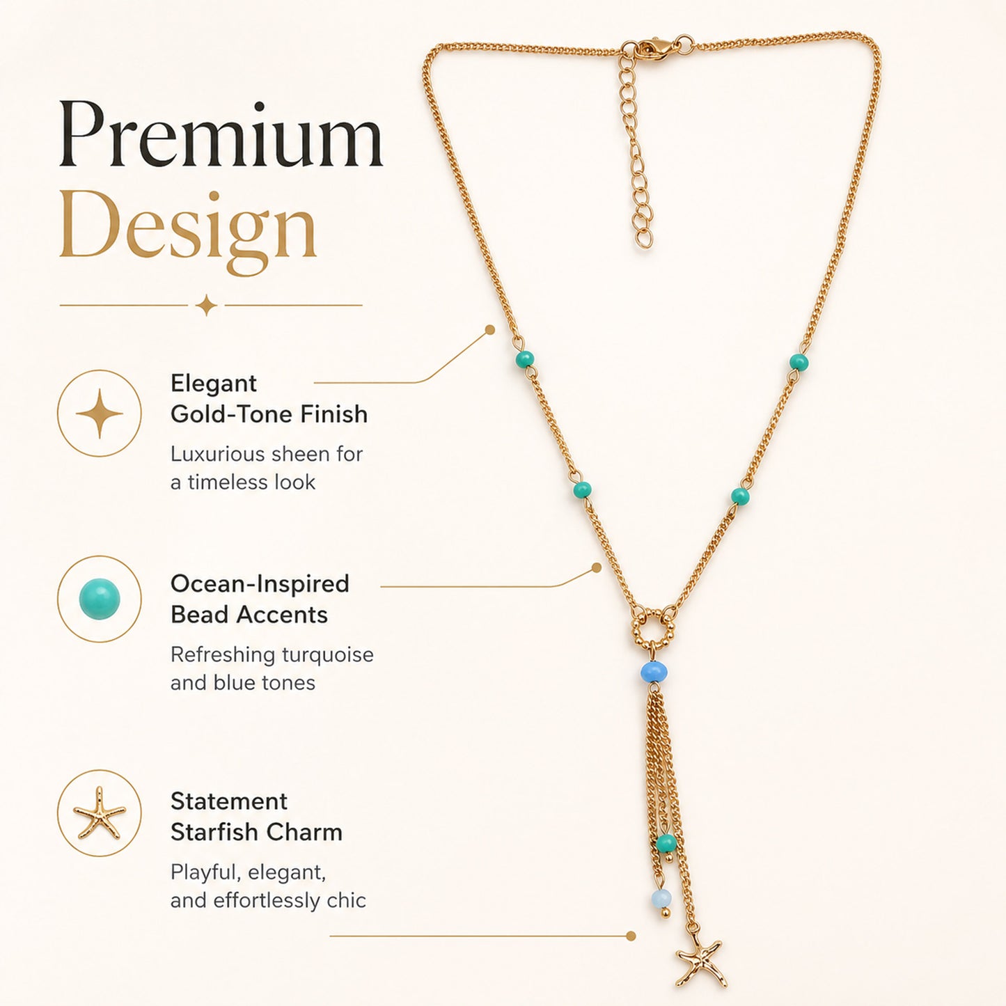 Gold blue bead necklace styled as modern fashion jewellery