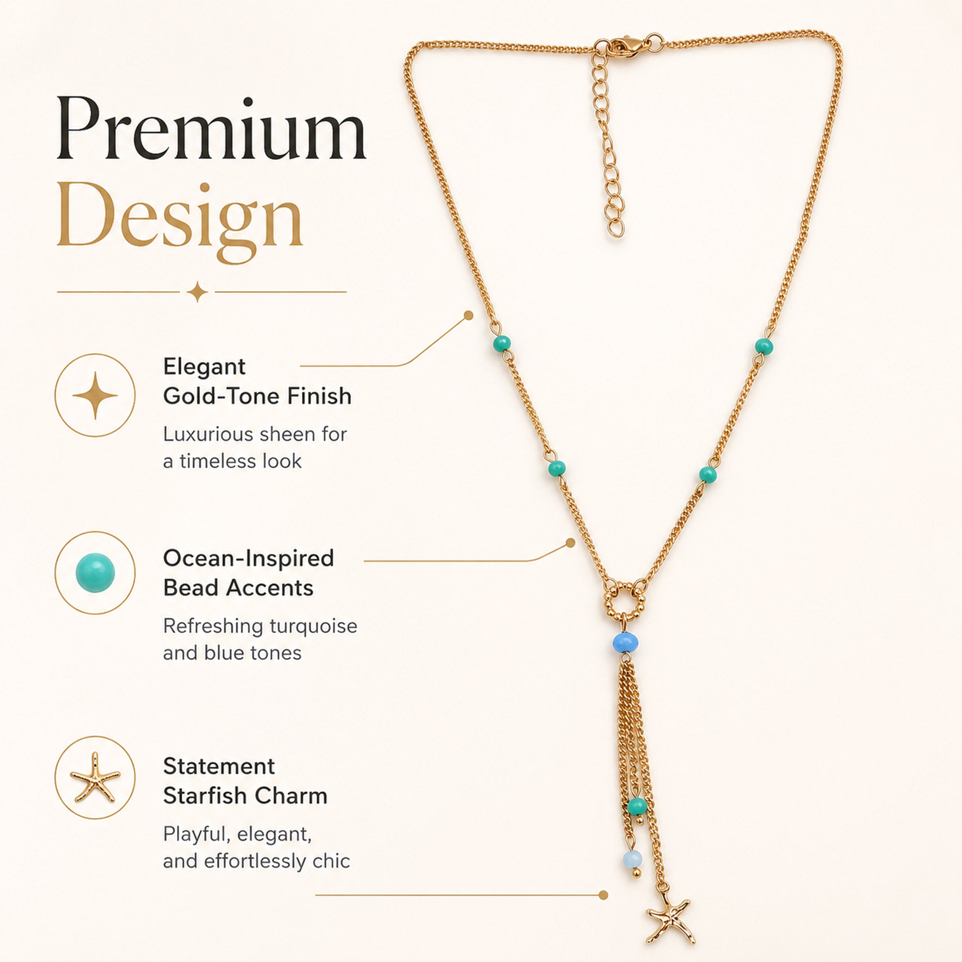 Gold blue bead necklace styled as modern fashion jewellery