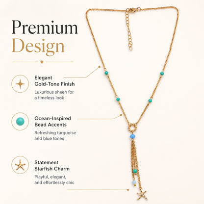 Gold blue bead necklace styled as modern fashion jewellery