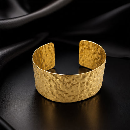 Brass Hammered Floral Texture Wide Open Cuff Bracelet
