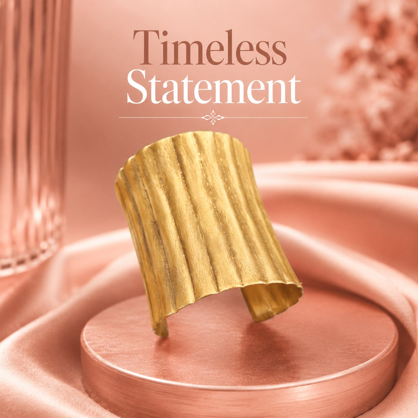 Brass Ribbed Texture Wide Open Cuff Bracelet