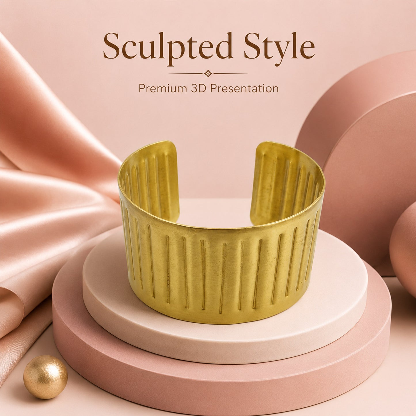 Brass Vertical Groove Wide Open Cuff Bracelet