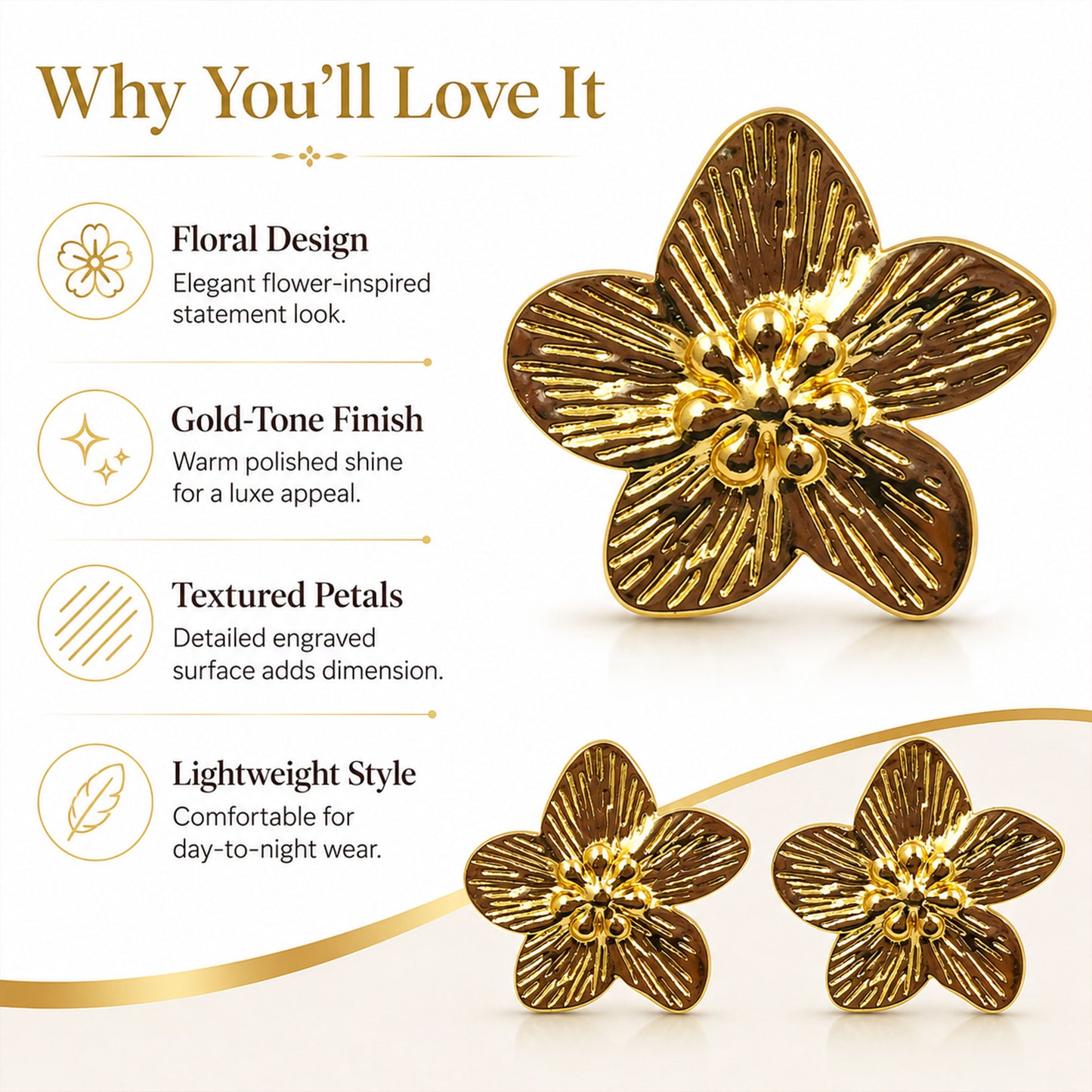 Gold flower earrings styled as elegant fashion jewellery for women