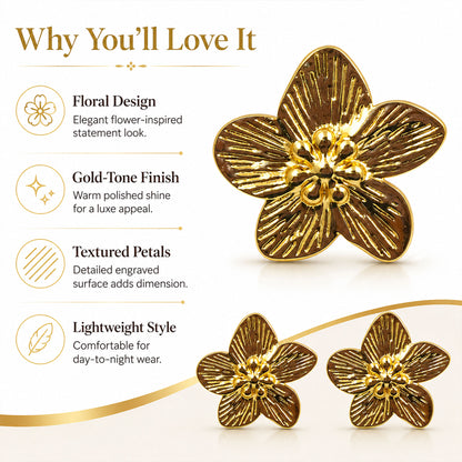 Gold flower earrings styled as elegant fashion jewellery for women