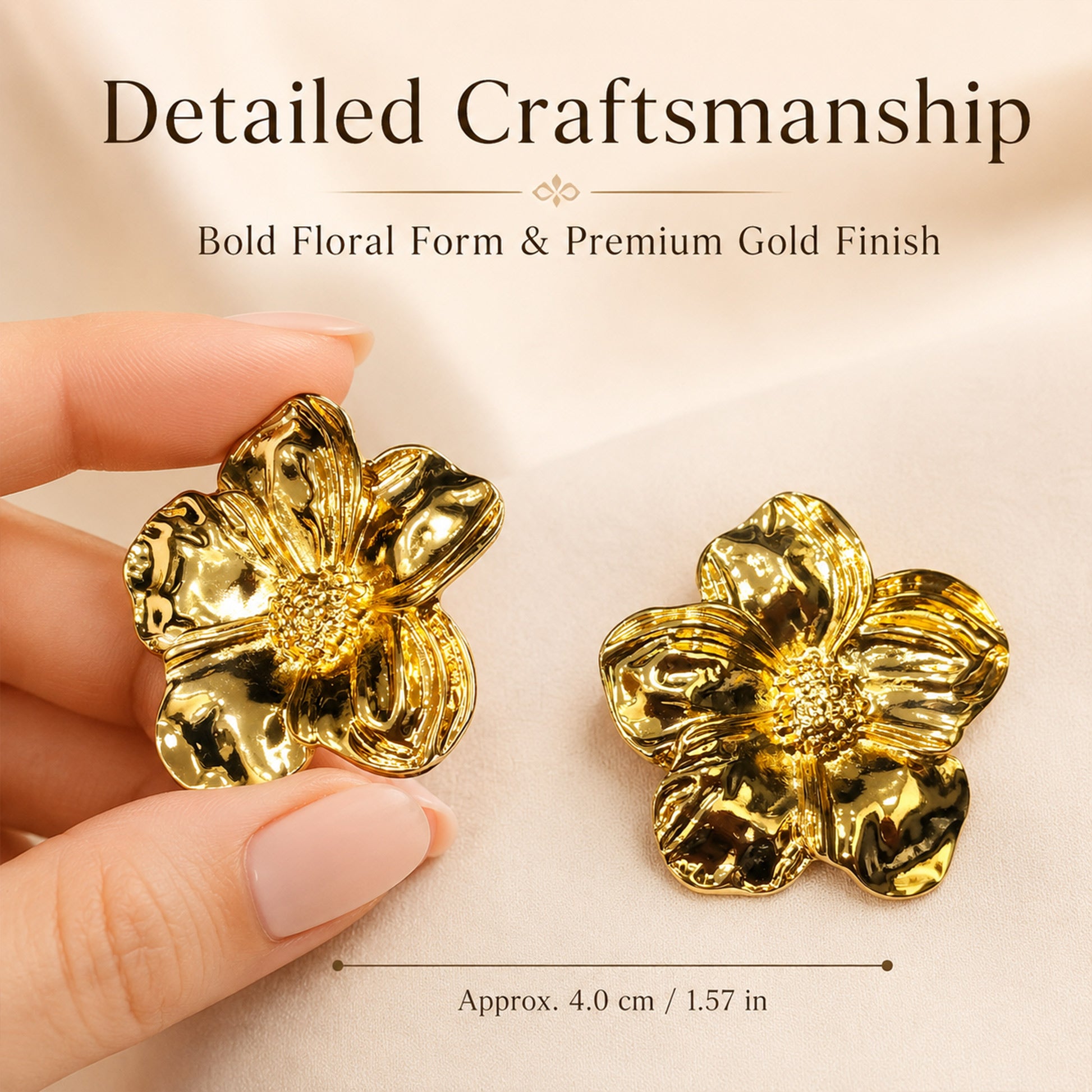 Gold flower earrings styled as bold fashion jewellery for women