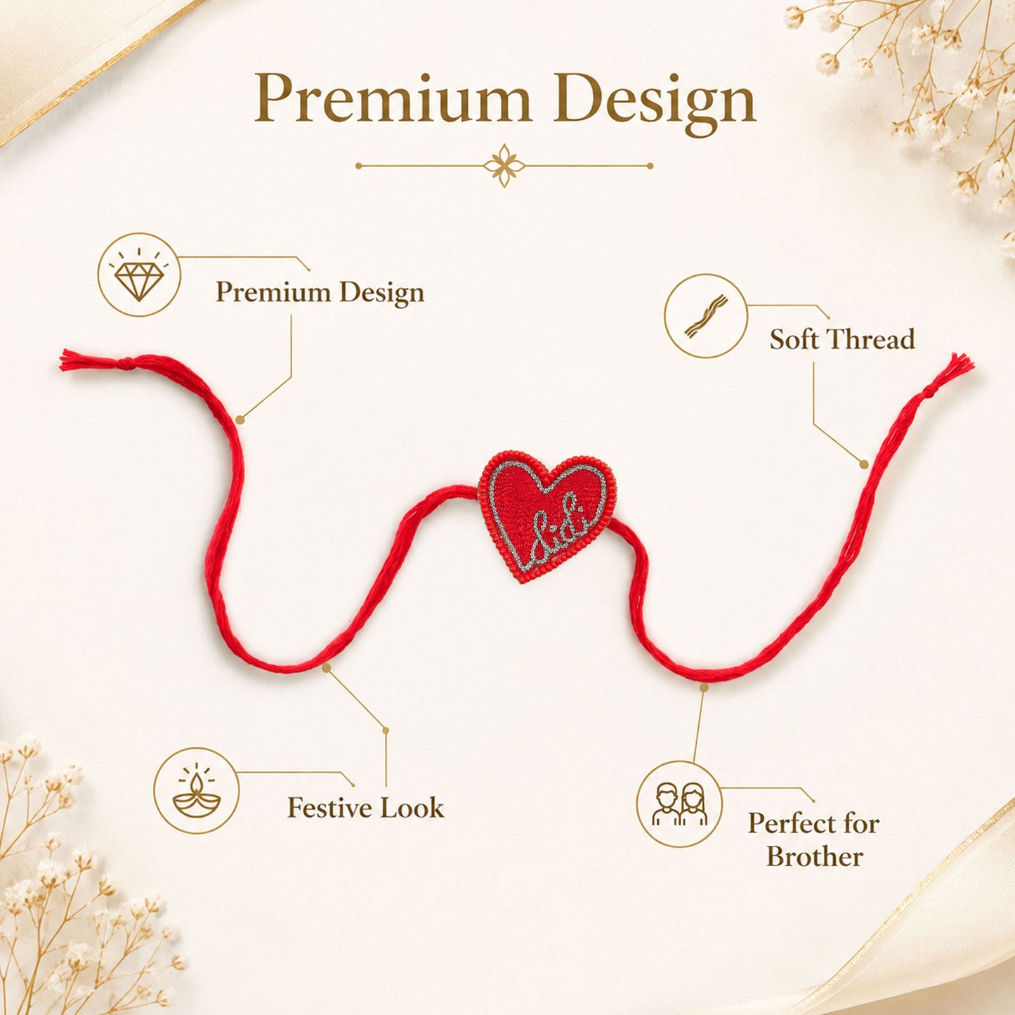 Close-up view of Didi rakhi with decorative detailing