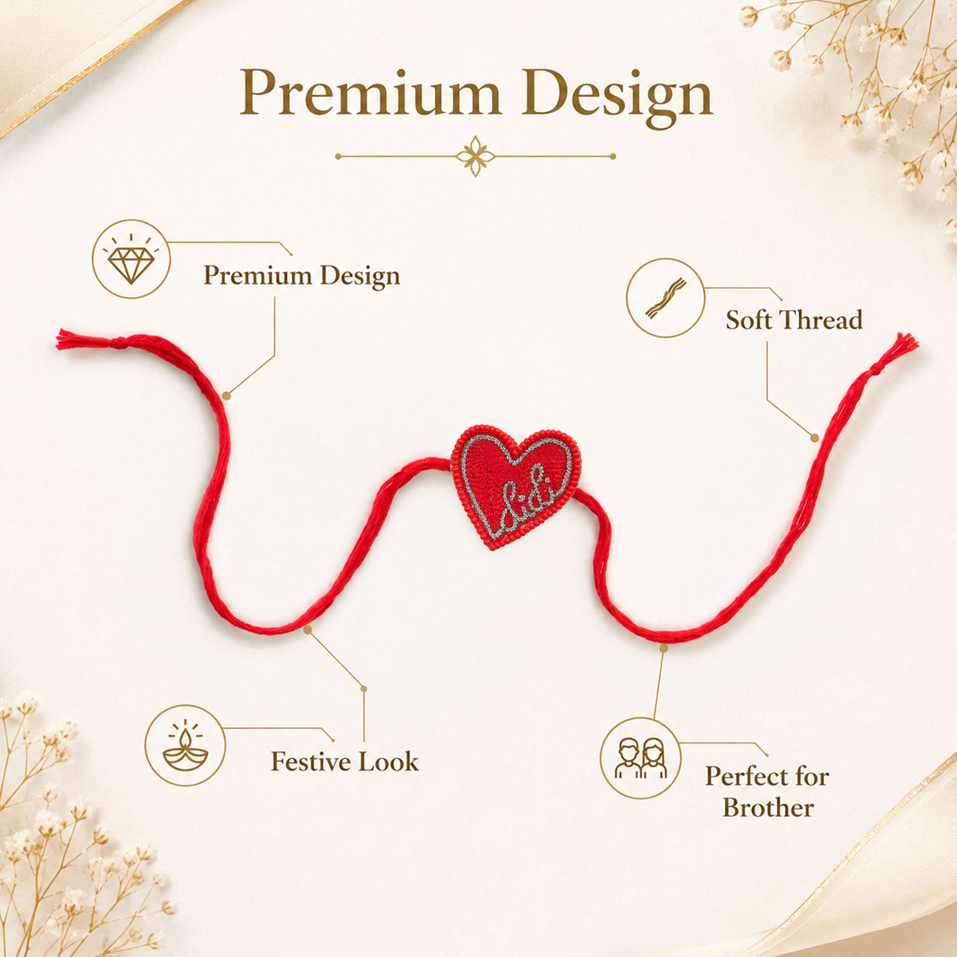 Close-up view of Didi rakhi with decorative detailing