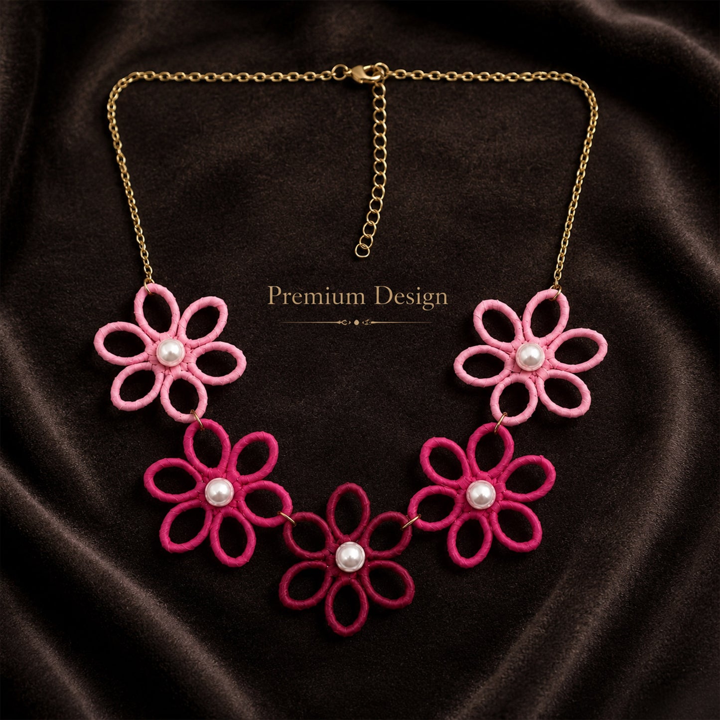 Pink pearl flower necklace styled as colourful fashion jewellery