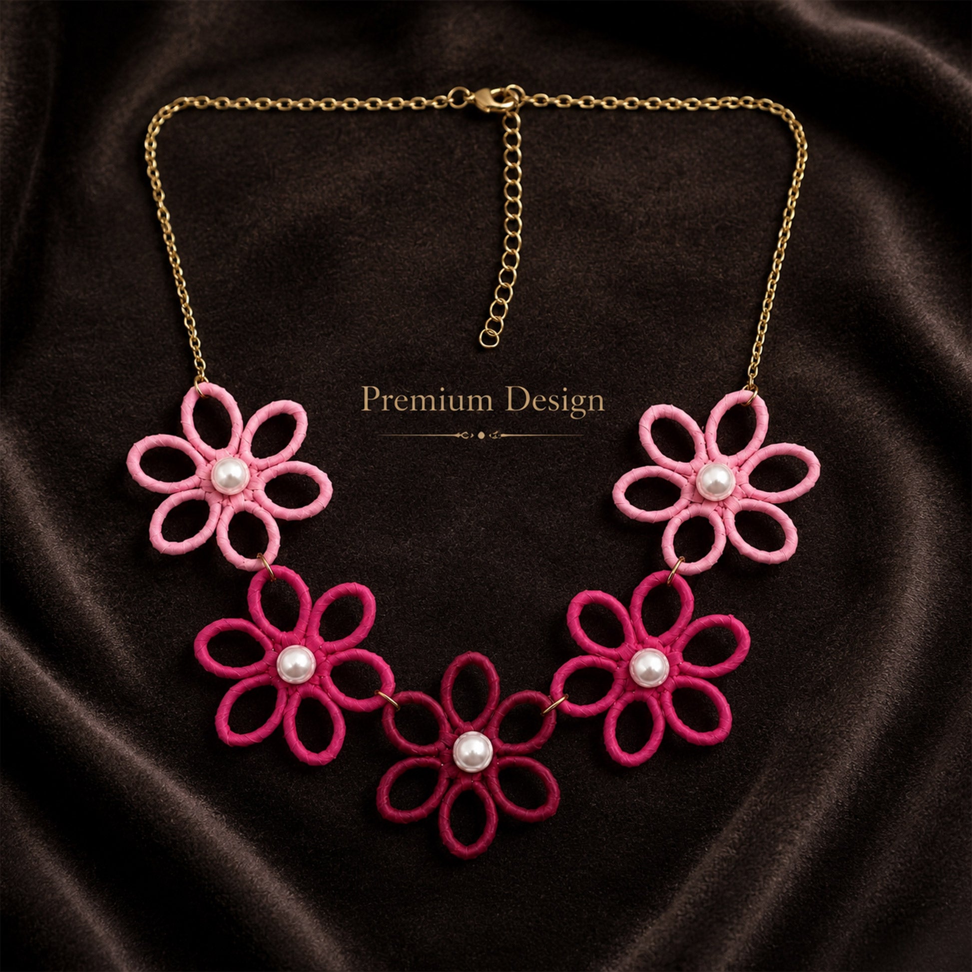 Pink pearl flower necklace styled as colourful fashion jewellery