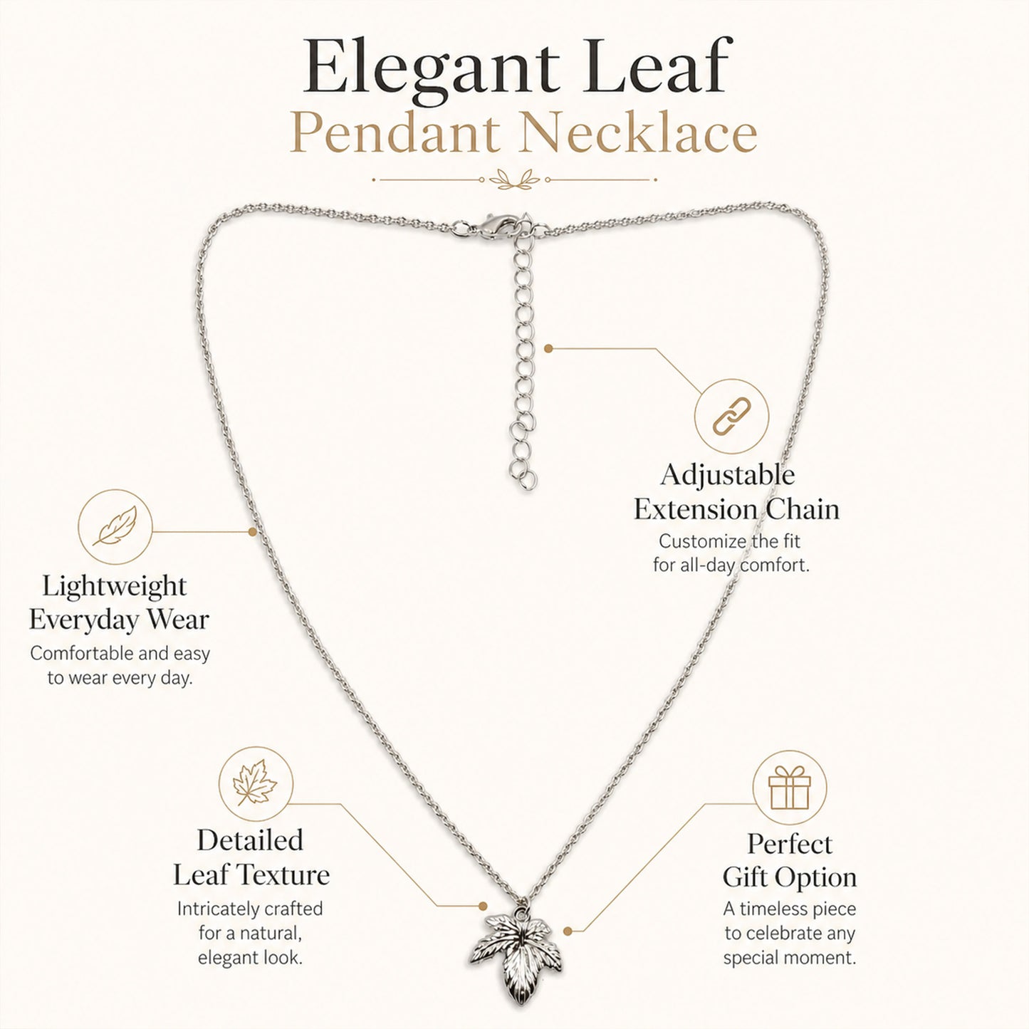 Detailed view of nature-inspired silver pendant necklace