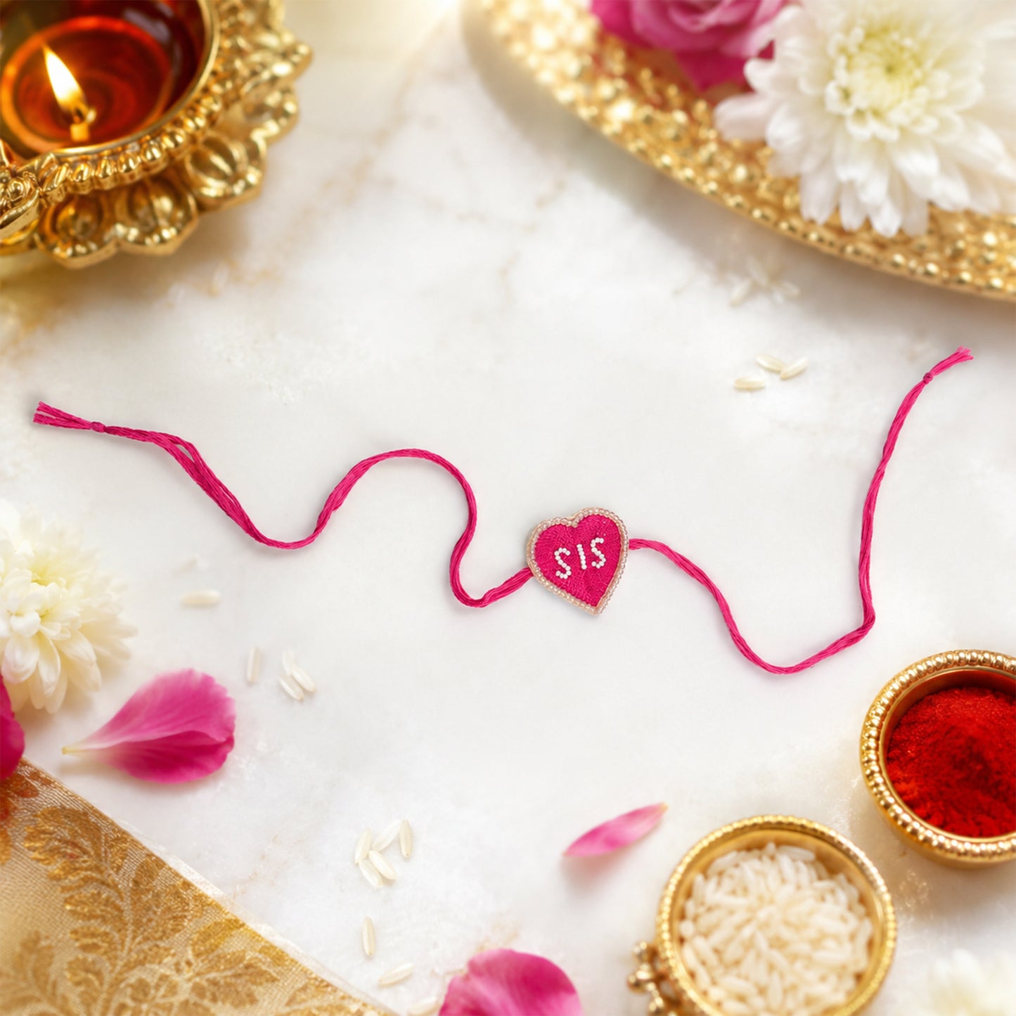 Heart-shaped SIS rakhi with decorative pearl design