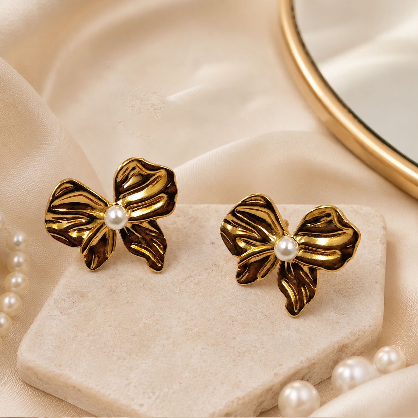 Stylish gold pearl bow earrings for women and girls