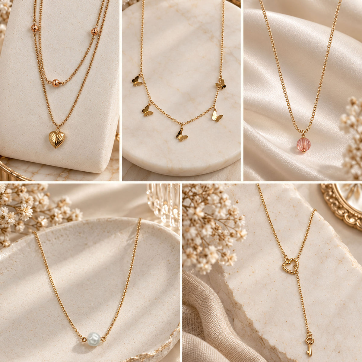 Masfaa Women's 5 Piece Assorted Pendant Necklace Set with Delicate Chains