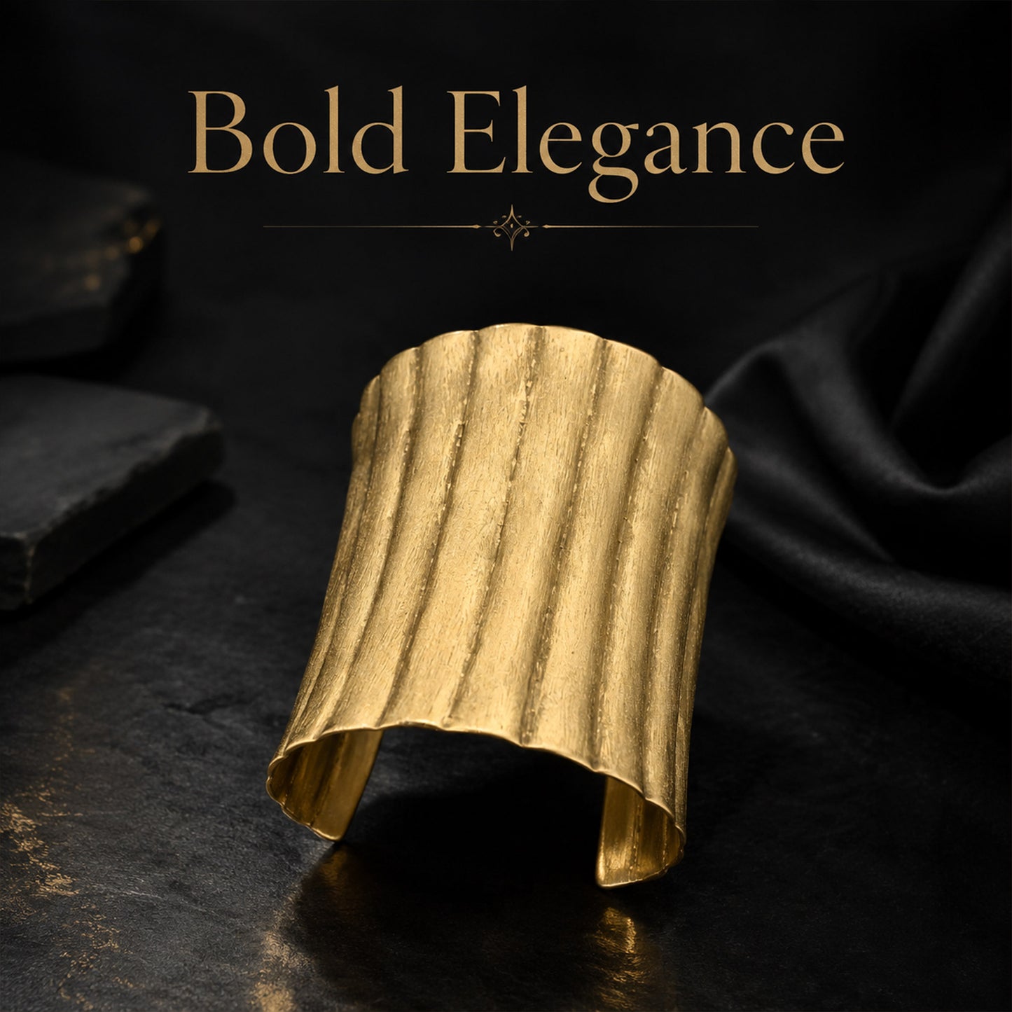 Brass Ribbed Texture Wide Open Cuff Bracelet
