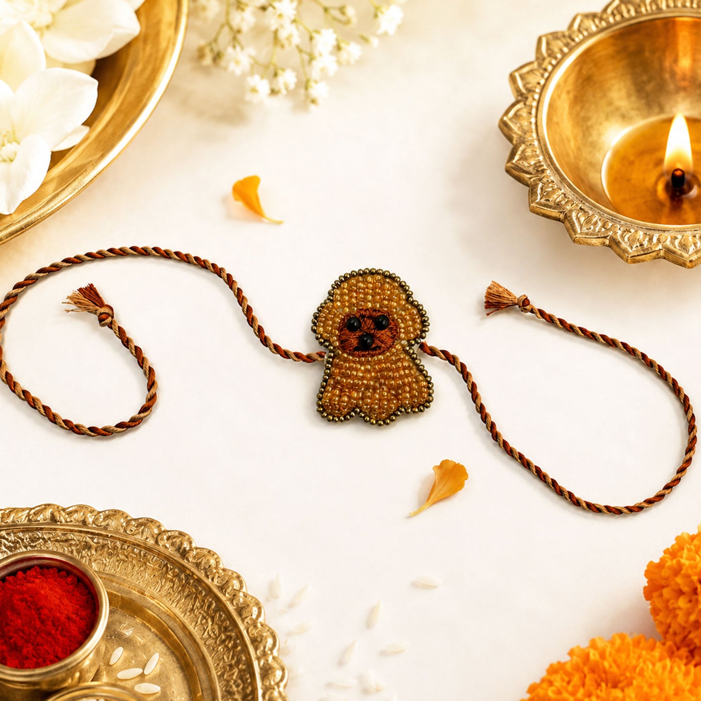 Stylish puppy design rakhi with golden bead border