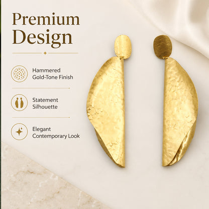 Brass Sculpted Folded Leaf Long Drop Earrings