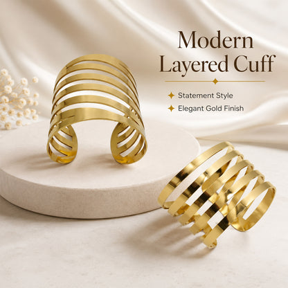 Layered Wave Multi Band Wide Open Cuff Bracelet
