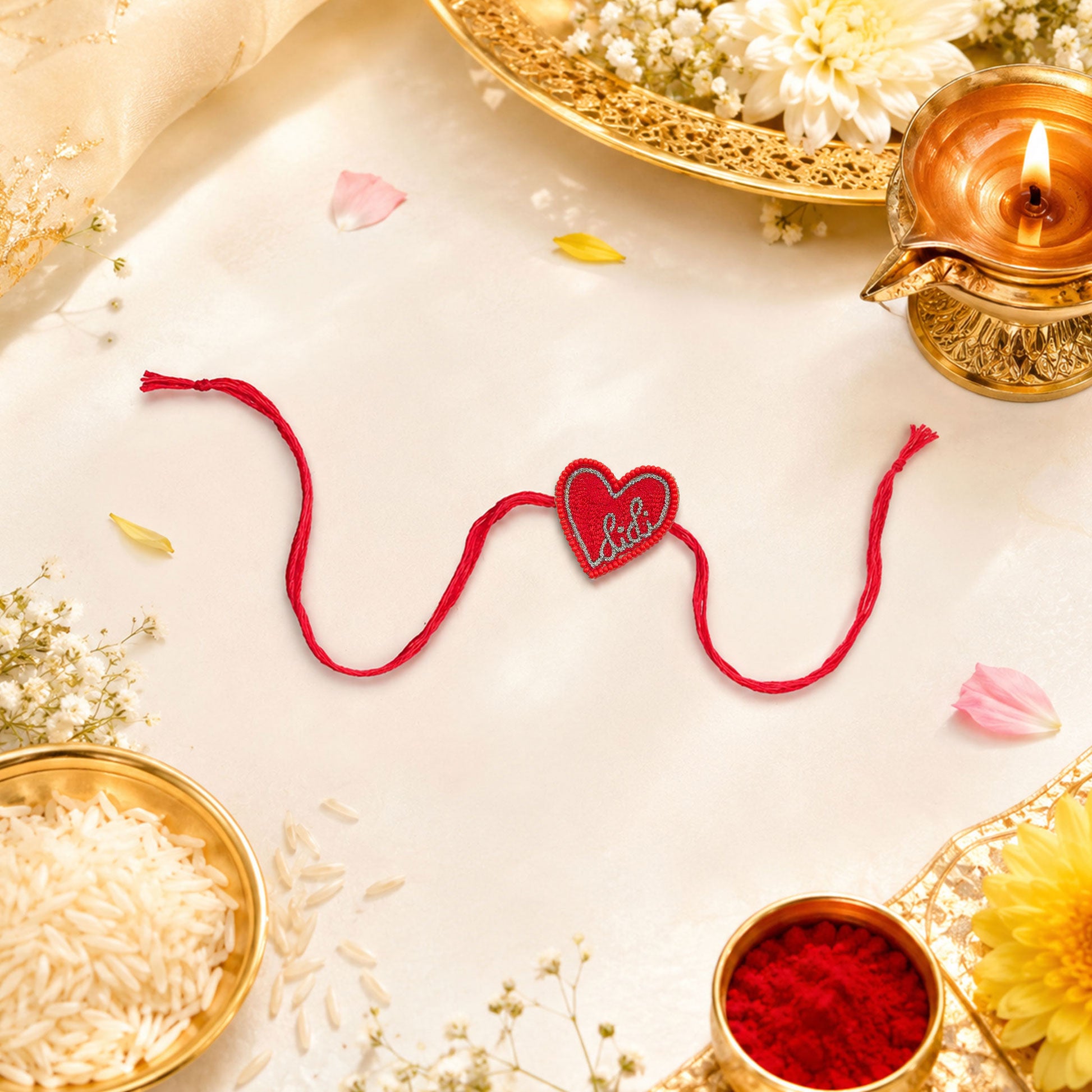 Heart-shaped Didi rakhi with traditional thread design