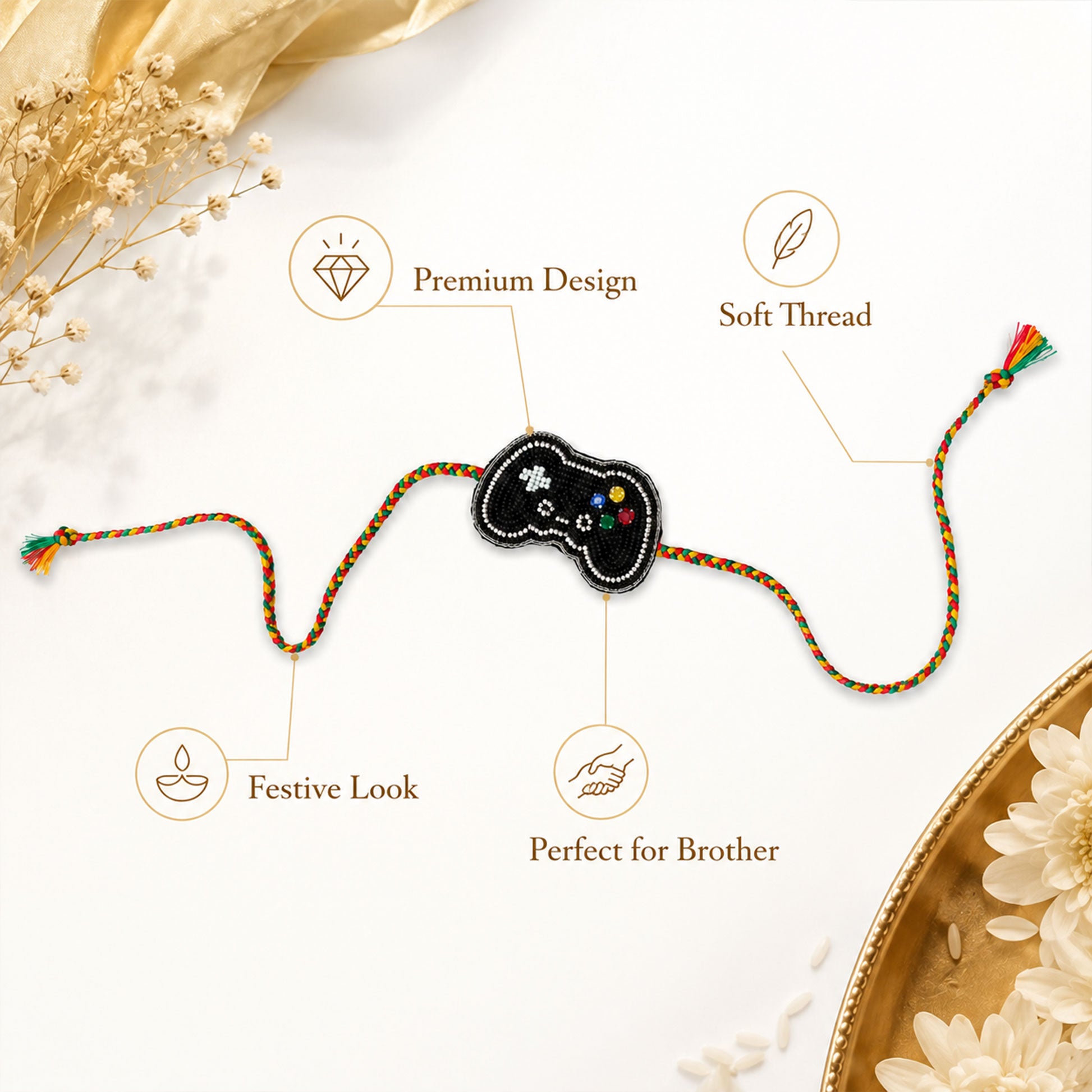 Close-up view of beaded gaming controller rakhi for brother