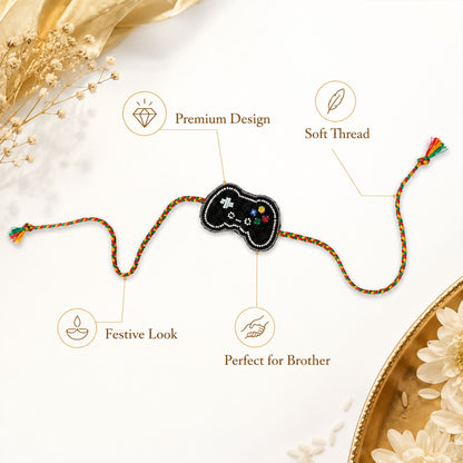 Close-up view of beaded gaming controller rakhi for brother