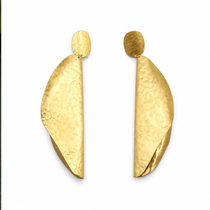 Brass Sculpted Folded Leaf Long Drop Earrings