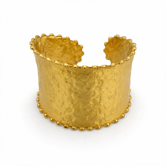 Brass Hammered Beaded Border Wide Open Cuff Bracelet