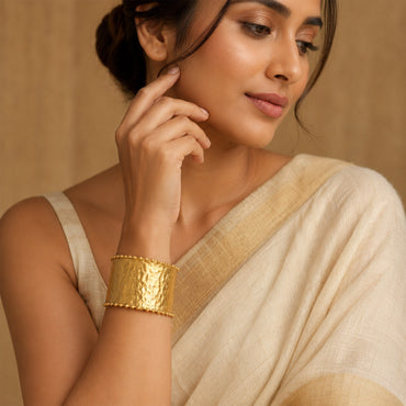 Brass Hammered Beaded Border Wide Open Cuff Bracelet