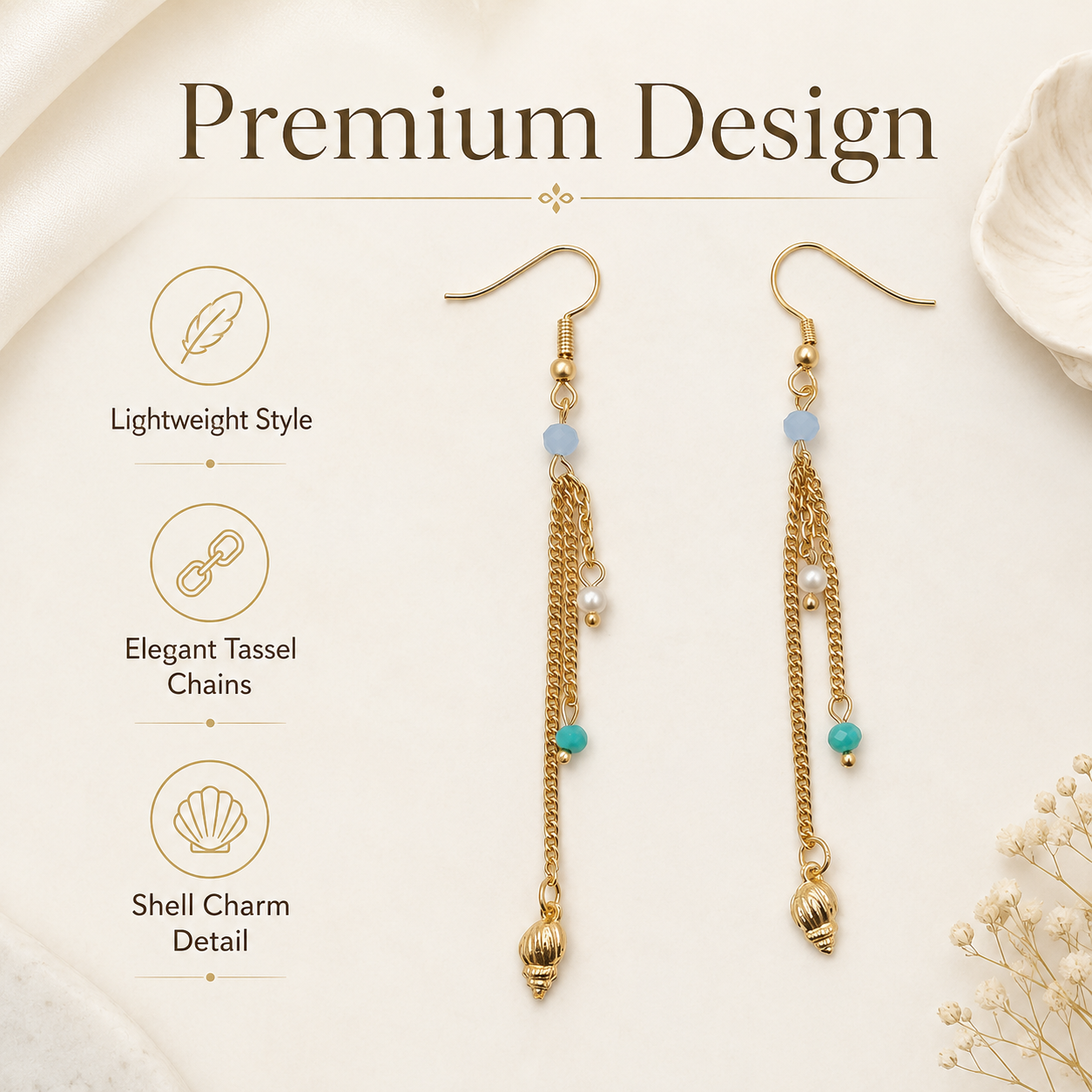 Gold plated long drop earrings with pearl and shell charms