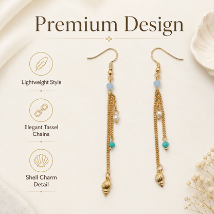 Gold plated long drop earrings with pearl and shell charms