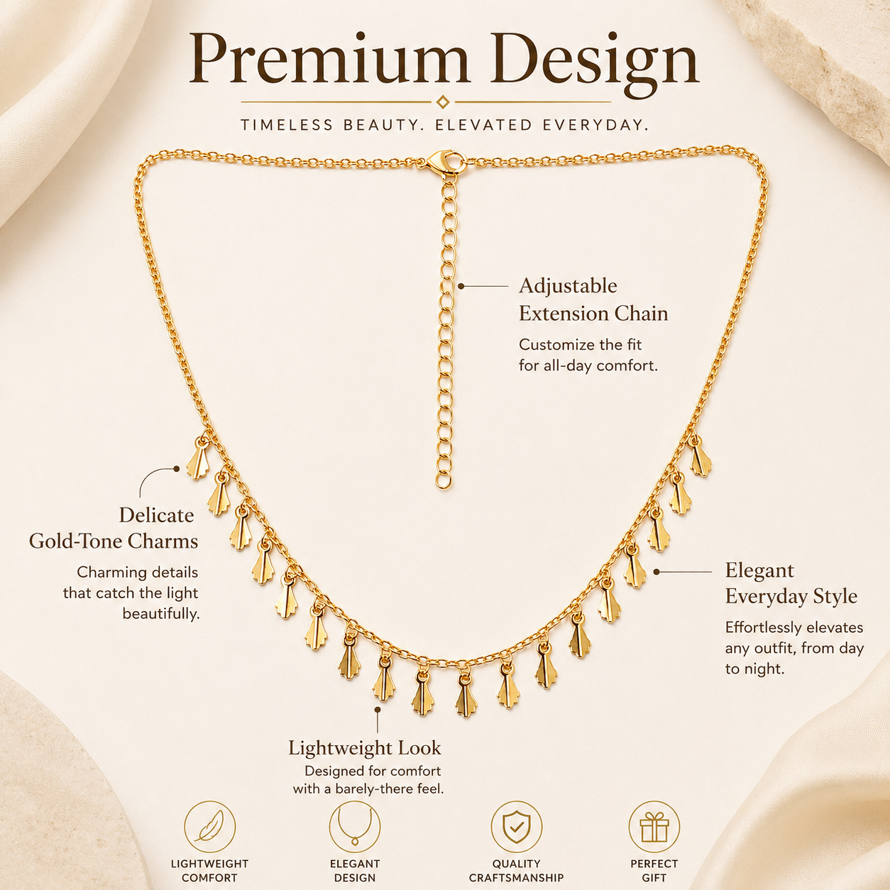 Gold plated fine chain necklace with delicate fringe design