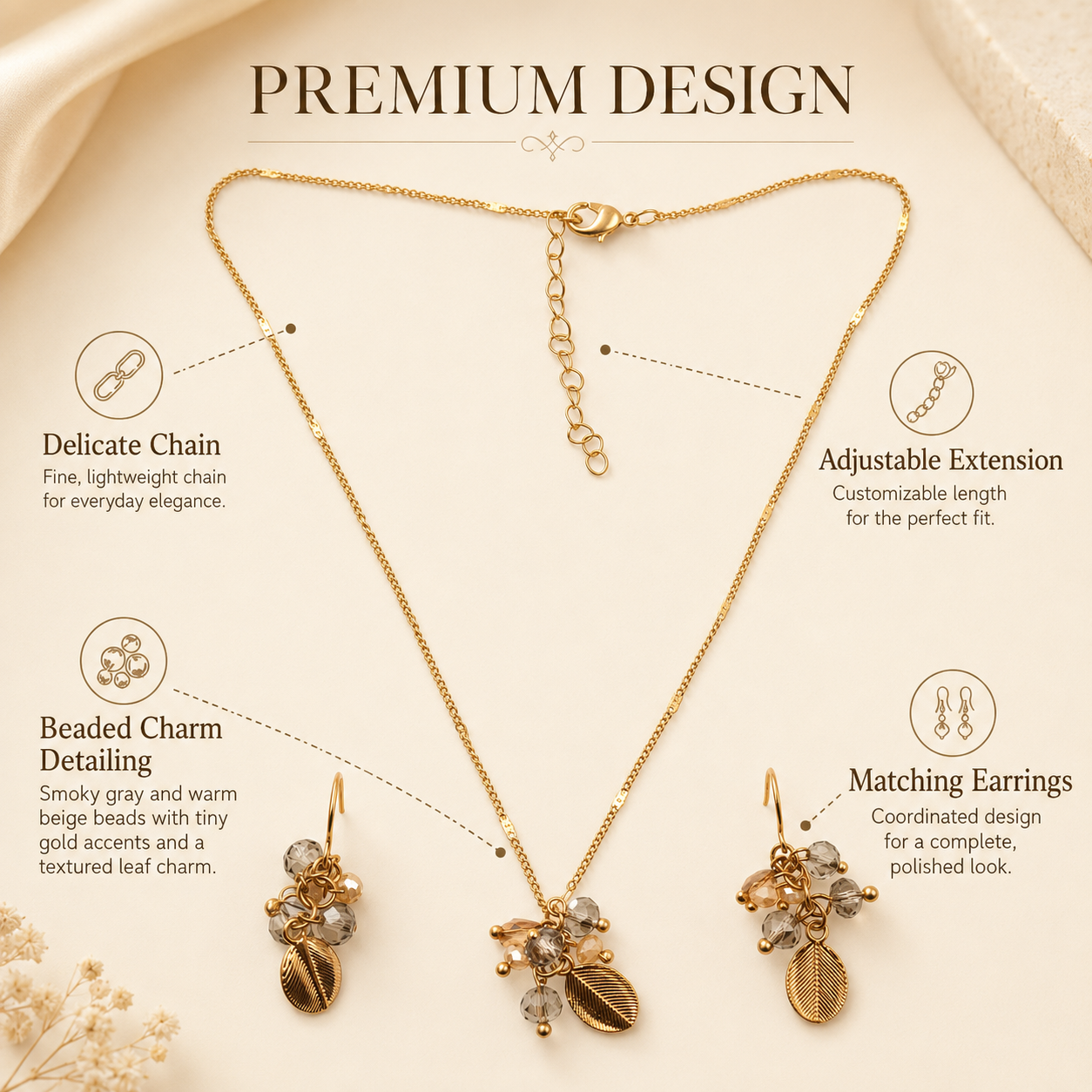 Rose Gold Leaf Beaded Jewellery Set with Necklace and Earrings