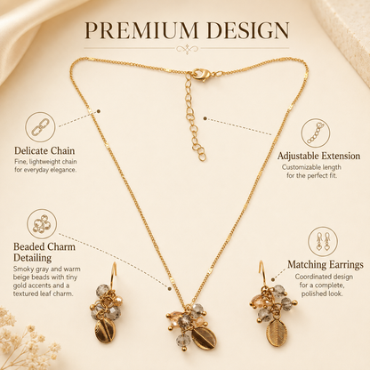 Rose Gold Leaf Beaded Jewellery Set with Necklace and Earrings