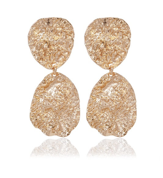 Rose gold textured teardrop drop earrings pair on white background
