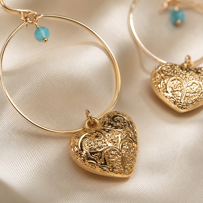 Gold plated hoop earrings with turquoise bead accent