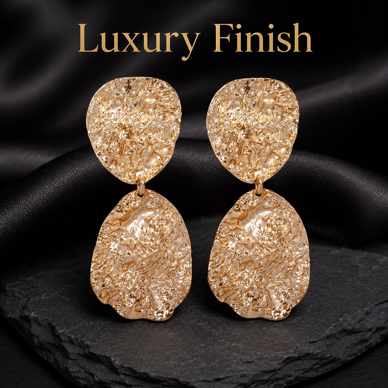 Rose gold plated drop earrings with textured surface design