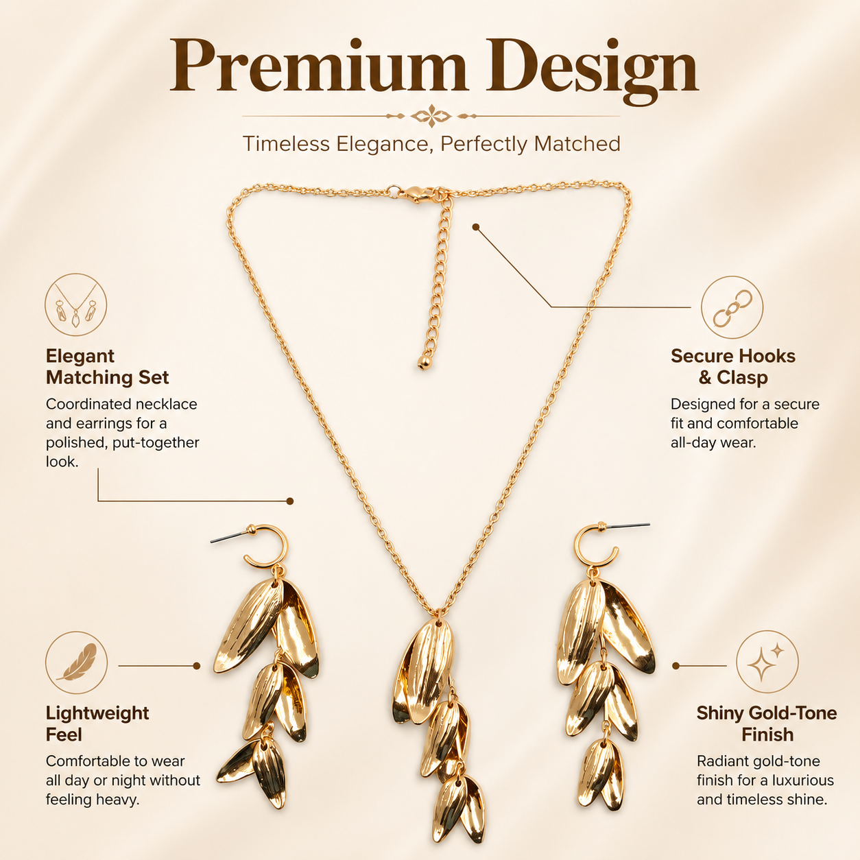 Gold Leaf Drop Jewellery Set with Necklace and Earrings