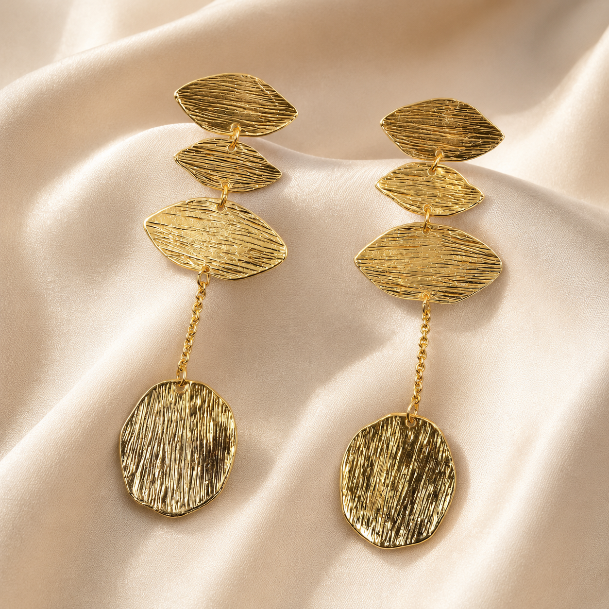Gold Textured Leaf Chain Drop Earrings